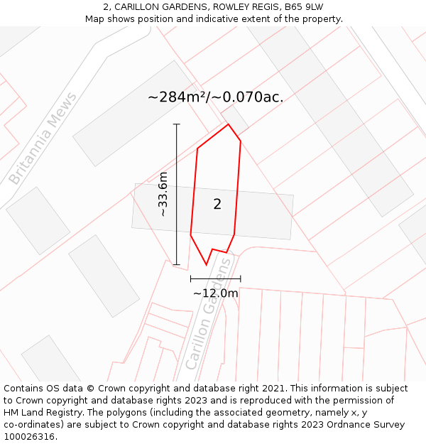2, CARILLON GARDENS, ROWLEY REGIS, B65 9LW: Plot and title map