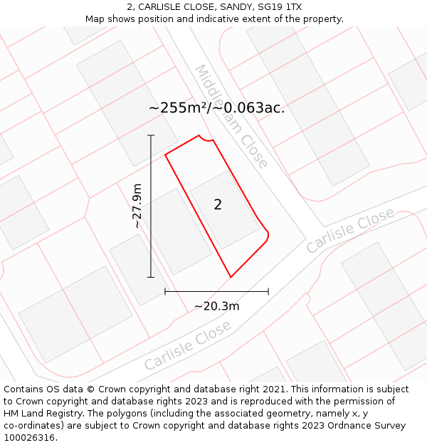 2, CARLISLE CLOSE, SANDY, SG19 1TX: Plot and title map