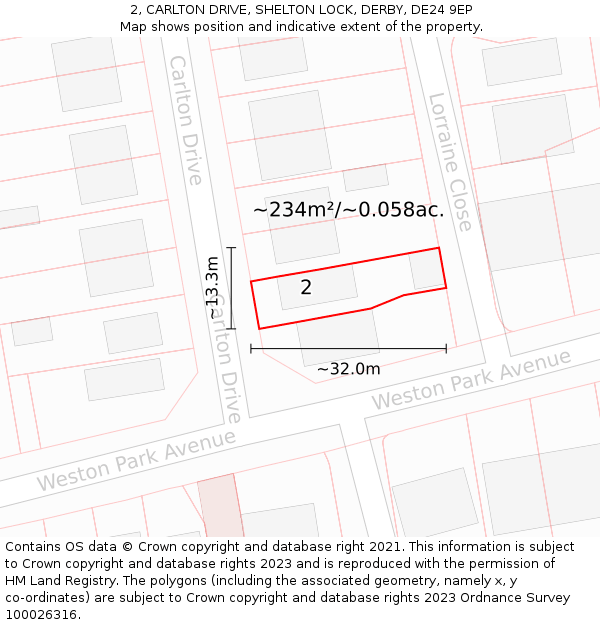 2, CARLTON DRIVE, SHELTON LOCK, DERBY, DE24 9EP: Plot and title map