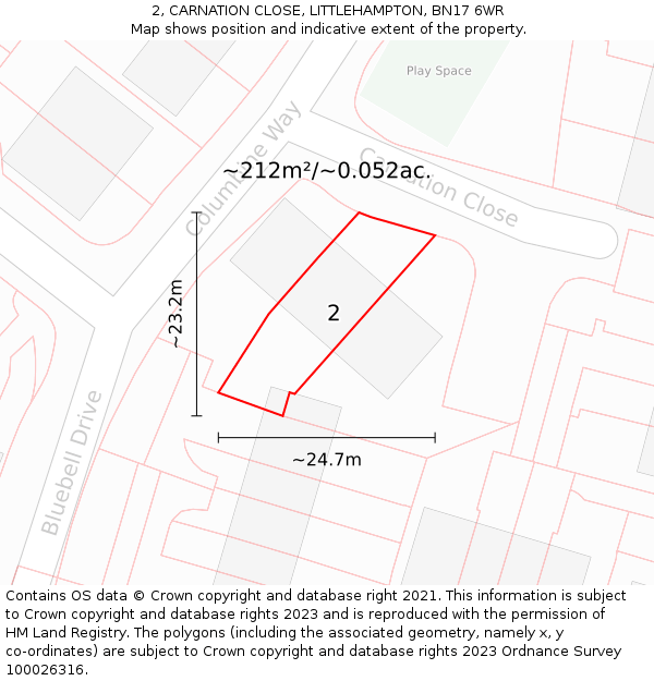 2, CARNATION CLOSE, LITTLEHAMPTON, BN17 6WR: Plot and title map