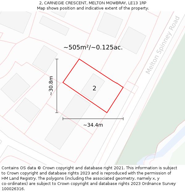 2, CARNEGIE CRESCENT, MELTON MOWBRAY, LE13 1RP: Plot and title map