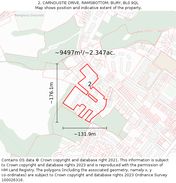 2, CARNOUSTIE DRIVE, RAMSBOTTOM, BURY, BL0 9QL: Plot and title map