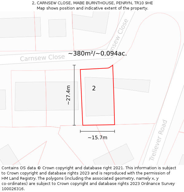 2, CARNSEW CLOSE, MABE BURNTHOUSE, PENRYN, TR10 9HE: Plot and title map