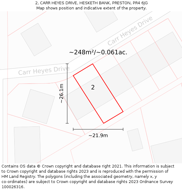 2, CARR HEYES DRIVE, HESKETH BANK, PRESTON, PR4 6JG: Plot and title map