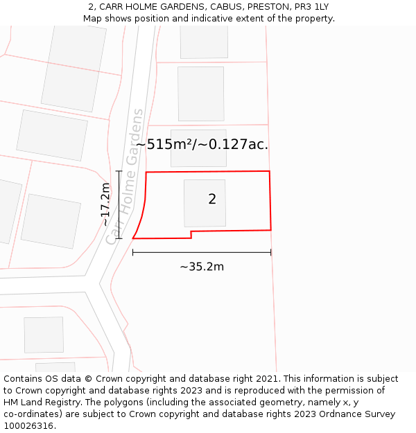 2, CARR HOLME GARDENS, CABUS, PRESTON, PR3 1LY: Plot and title map