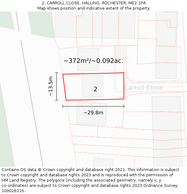 2, CARROLL CLOSE, HALLING, ROCHESTER, ME2 1PA: Plot and title map