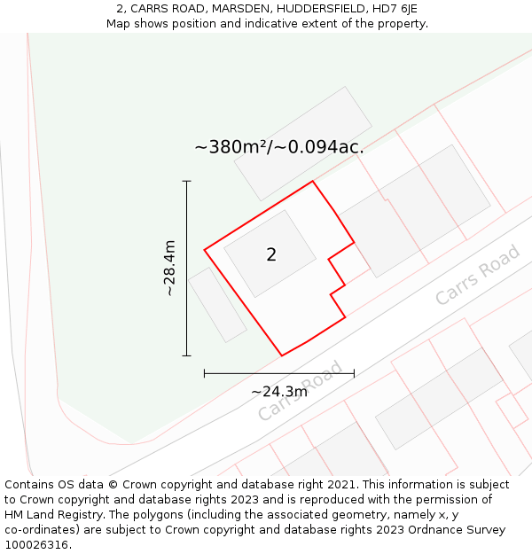 2, CARRS ROAD, MARSDEN, HUDDERSFIELD, HD7 6JE: Plot and title map