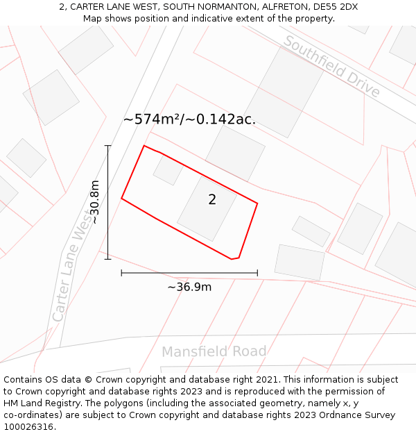 2, CARTER LANE WEST, SOUTH NORMANTON, ALFRETON, DE55 2DX: Plot and title map