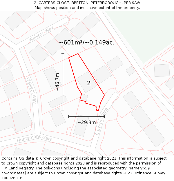 2, CARTERS CLOSE, BRETTON, PETERBOROUGH, PE3 9AW: Plot and title map