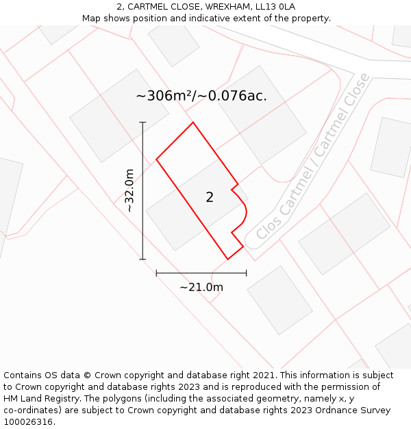 2, CARTMEL CLOSE, WREXHAM, LL13 0LA: Plot and title map
