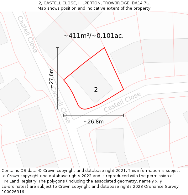 2, CASTELL CLOSE, HILPERTON, TROWBRIDGE, BA14 7UJ: Plot and title map