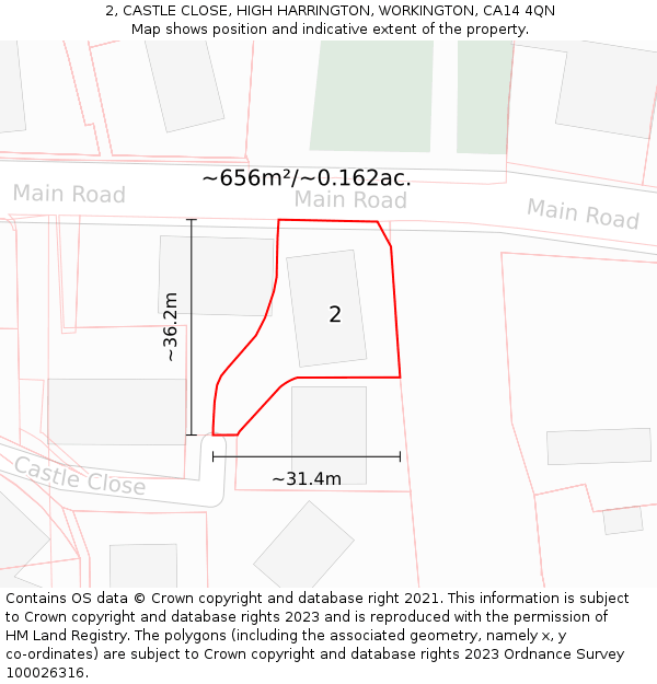 2, CASTLE CLOSE, HIGH HARRINGTON, WORKINGTON, CA14 4QN: Plot and title map
