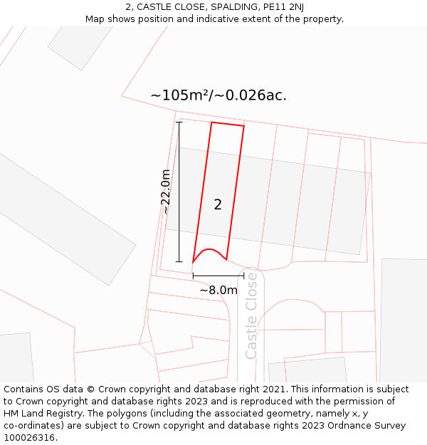 2, CASTLE CLOSE, SPALDING, PE11 2NJ: Plot and title map