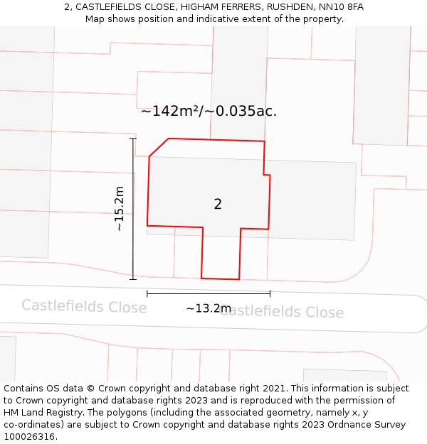 2, CASTLEFIELDS CLOSE, HIGHAM FERRERS, RUSHDEN, NN10 8FA: Plot and title map