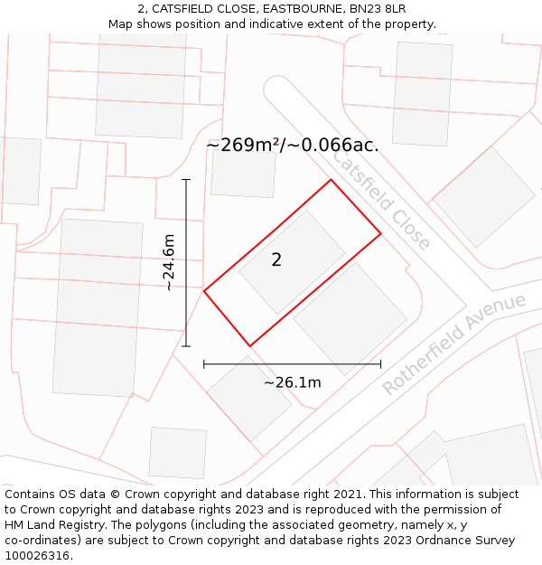 2, CATSFIELD CLOSE, EASTBOURNE, BN23 8LR: Plot and title map