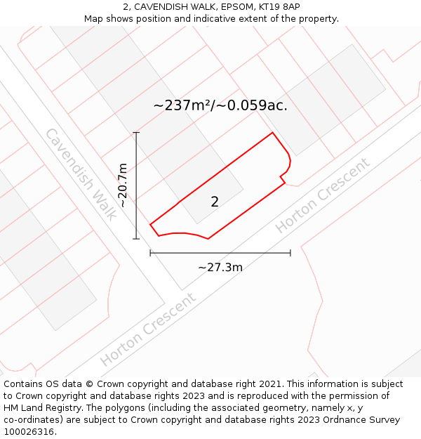 2, CAVENDISH WALK, EPSOM, KT19 8AP: Plot and title map