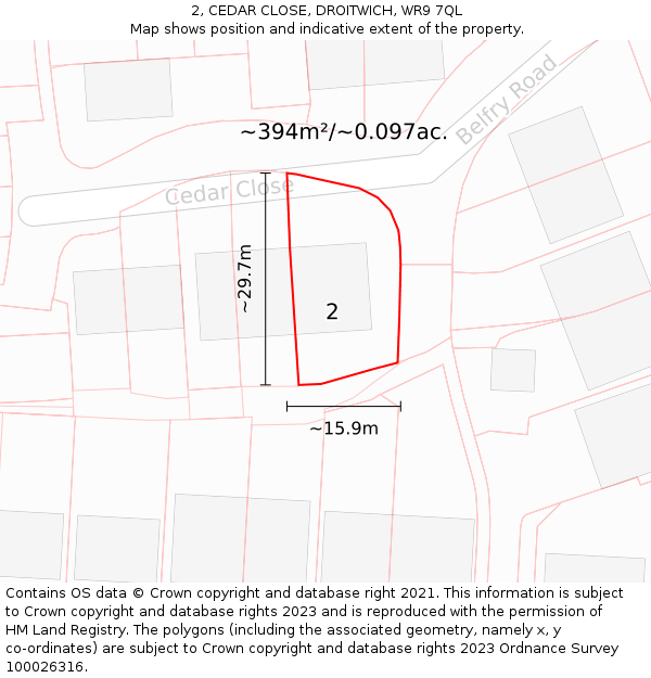 2, CEDAR CLOSE, DROITWICH, WR9 7QL: Plot and title map