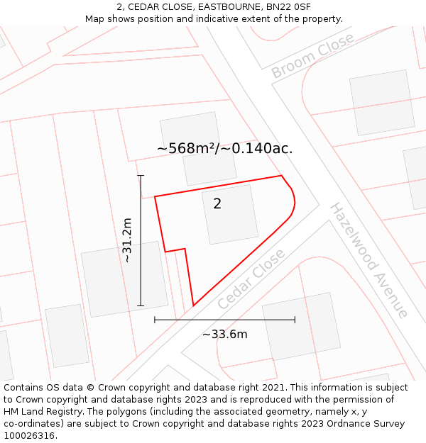 2, CEDAR CLOSE, EASTBOURNE, BN22 0SF: Plot and title map