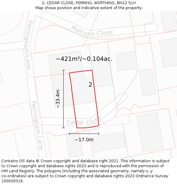 2, CEDAR CLOSE, FERRING, WORTHING, BN12 5LH: Plot and title map
