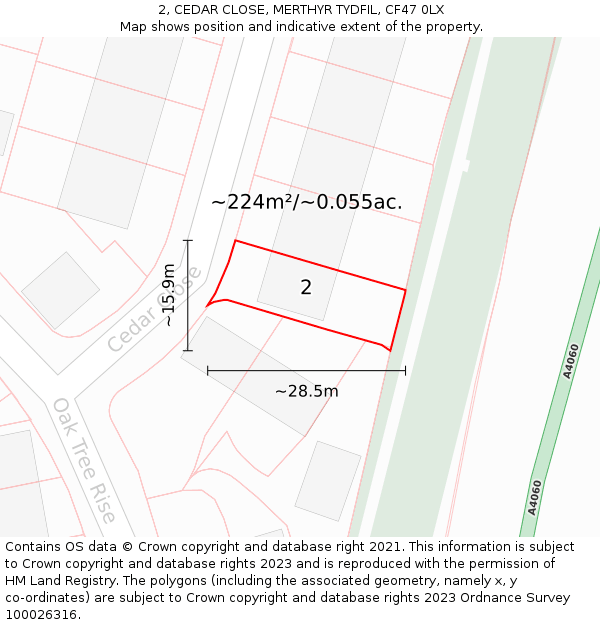 2, CEDAR CLOSE, MERTHYR TYDFIL, CF47 0LX: Plot and title map