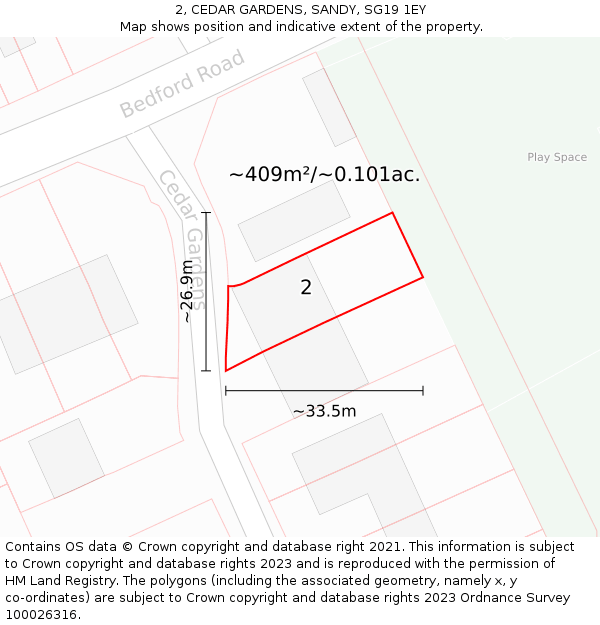 2, CEDAR GARDENS, SANDY, SG19 1EY: Plot and title map