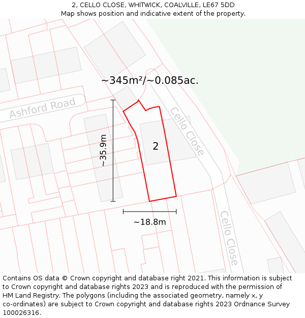 2, CELLO CLOSE, WHITWICK, COALVILLE, LE67 5DD: Plot and title map
