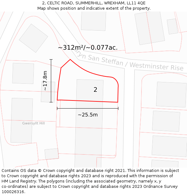 2, CELTIC ROAD, SUMMERHILL, WREXHAM, LL11 4QE: Plot and title map