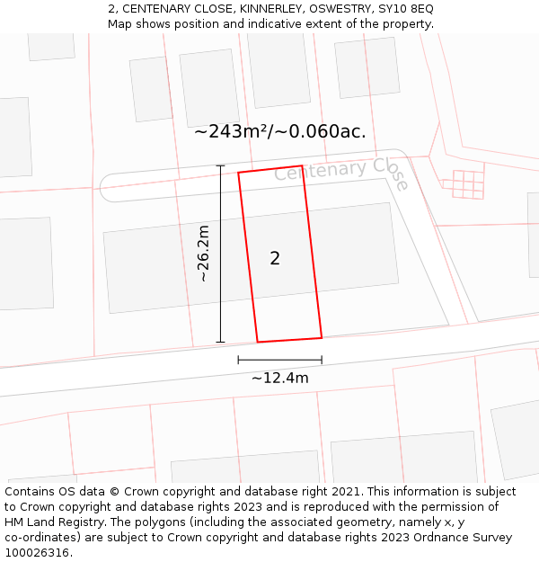 2, CENTENARY CLOSE, KINNERLEY, OSWESTRY, SY10 8EQ: Plot and title map