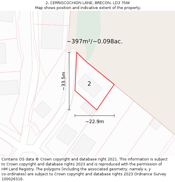 2, CERRIGCOCHION LANE, BRECON, LD3 7NW: Plot and title map