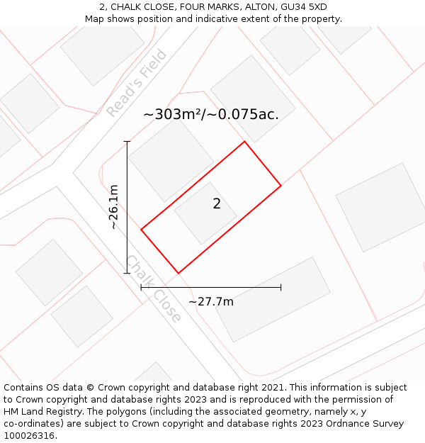 2, CHALK CLOSE, FOUR MARKS, ALTON, GU34 5XD: Plot and title map