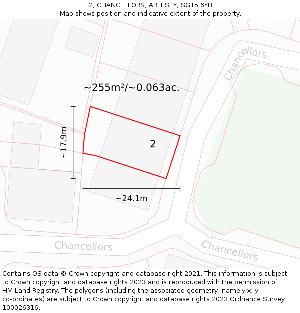 2, CHANCELLORS, ARLESEY, SG15 6YB: Plot and title map