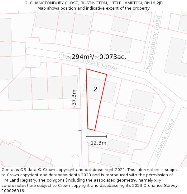 2, CHANCTONBURY CLOSE, RUSTINGTON, LITTLEHAMPTON, BN16 2JB: Plot and title map