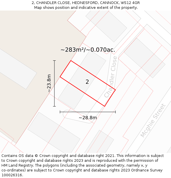 2, CHANDLER CLOSE, HEDNESFORD, CANNOCK, WS12 4GR: Plot and title map