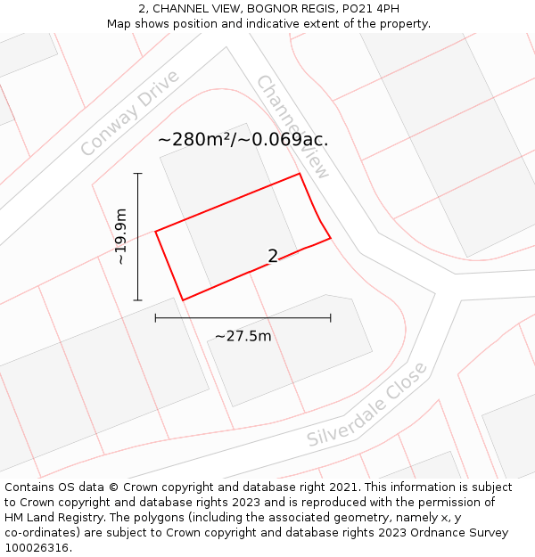 2, CHANNEL VIEW, BOGNOR REGIS, PO21 4PH: Plot and title map