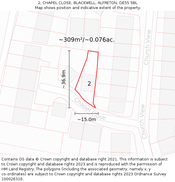 2, CHAPEL CLOSE, BLACKWELL, ALFRETON, DE55 5BL: Plot and title map