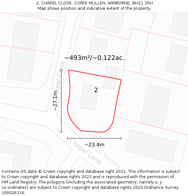 2, CHAPEL CLOSE, CORFE MULLEN, WIMBORNE, BH21 3SH: Plot and title map