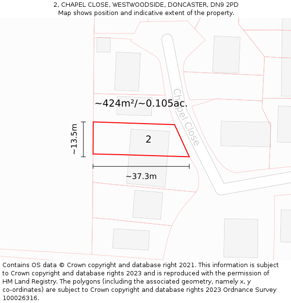 2, CHAPEL CLOSE, WESTWOODSIDE, DONCASTER, DN9 2PD: Plot and title map