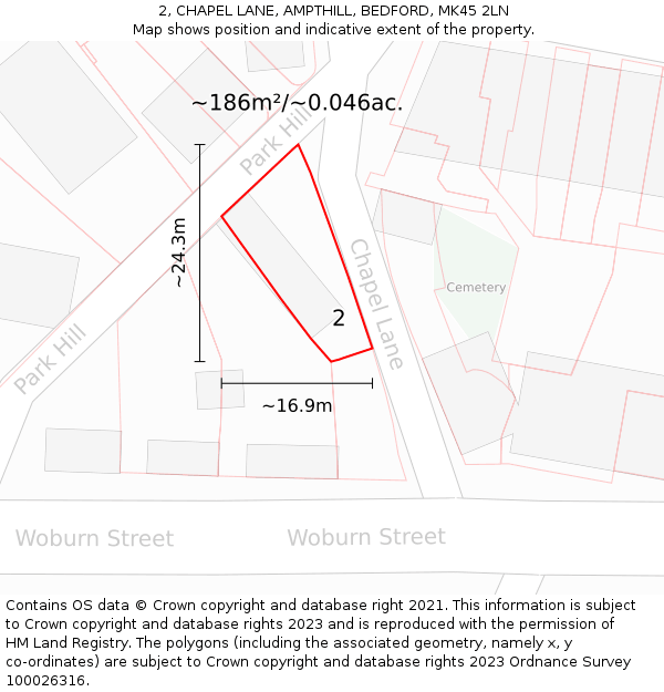 2, CHAPEL LANE, AMPTHILL, BEDFORD, MK45 2LN: Plot and title map