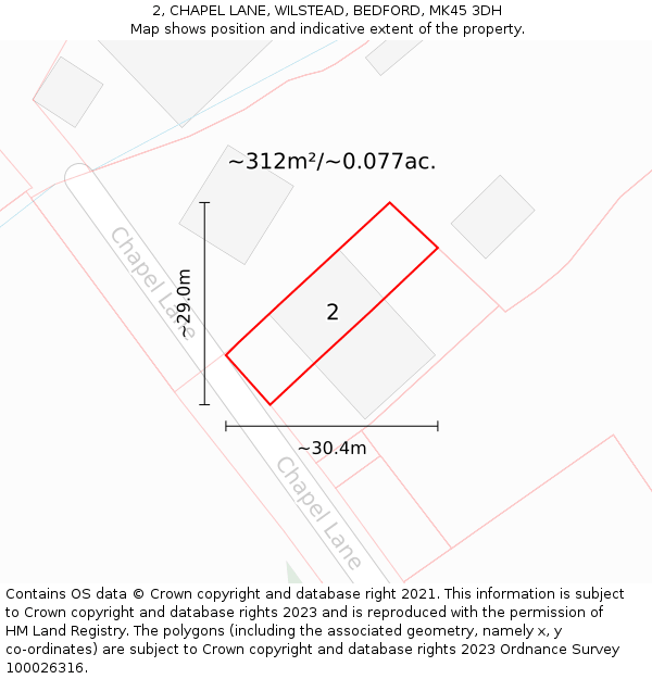 2, CHAPEL LANE, WILSTEAD, BEDFORD, MK45 3DH: Plot and title map