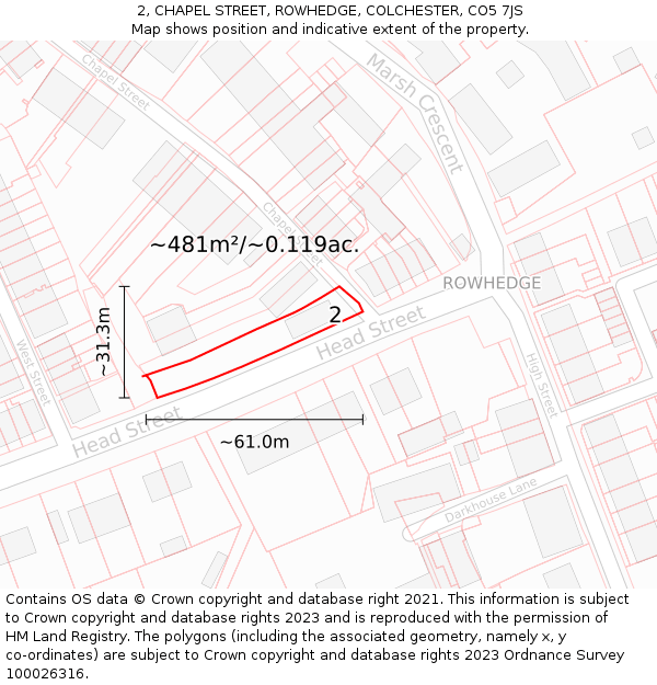 2, CHAPEL STREET, ROWHEDGE, COLCHESTER, CO5 7JS: Plot and title map