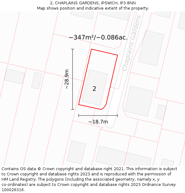 2, CHAPLAINS GARDENS, IPSWICH, IP3 8NN: Plot and title map