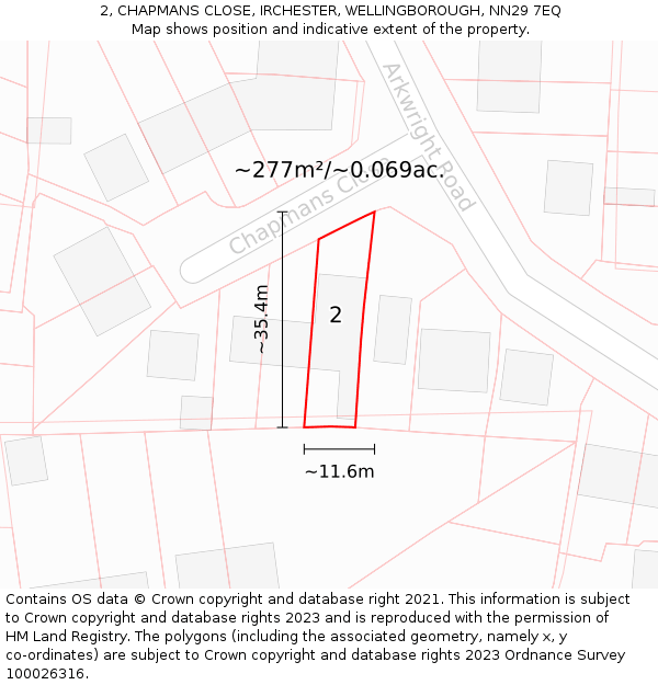 2, CHAPMANS CLOSE, IRCHESTER, WELLINGBOROUGH, NN29 7EQ: Plot and title map