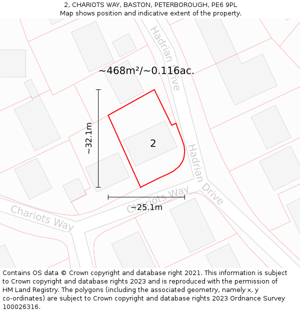 2, CHARIOTS WAY, BASTON, PETERBOROUGH, PE6 9PL: Plot and title map