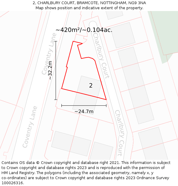 2, CHARLBURY COURT, BRAMCOTE, NOTTINGHAM, NG9 3NA: Plot and title map