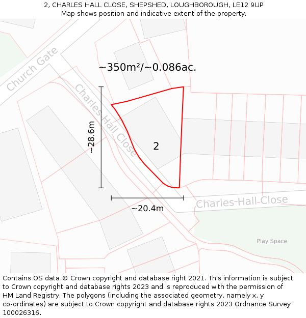 2, CHARLES HALL CLOSE, SHEPSHED, LOUGHBOROUGH, LE12 9UP: Plot and title map