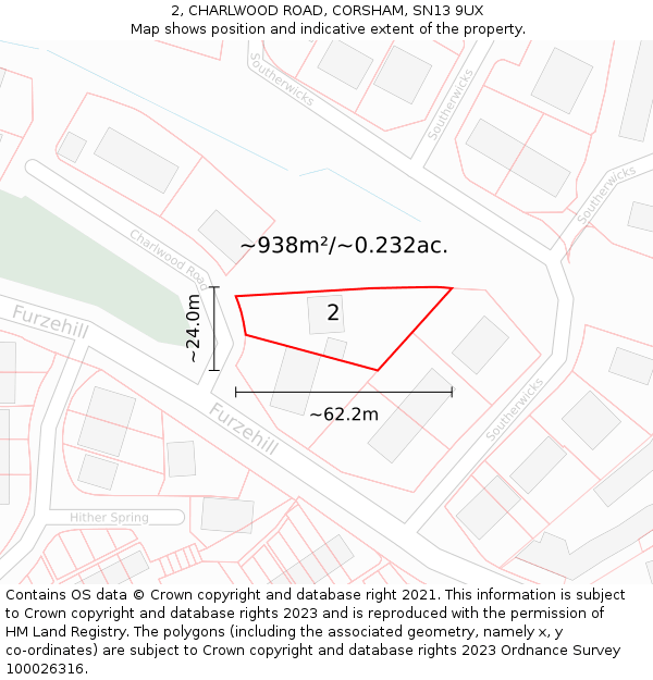 2, CHARLWOOD ROAD, CORSHAM, SN13 9UX: Plot and title map