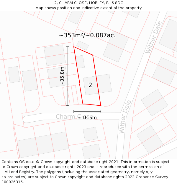 2, CHARM CLOSE, HORLEY, RH6 8DG: Plot and title map