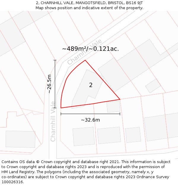 2, CHARNHILL VALE, MANGOTSFIELD, BRISTOL, BS16 9JT: Plot and title map