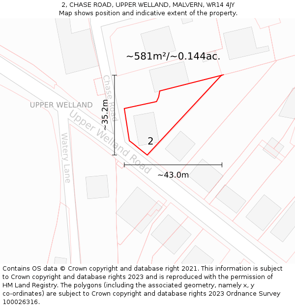 2, CHASE ROAD, UPPER WELLAND, MALVERN, WR14 4JY: Plot and title map
