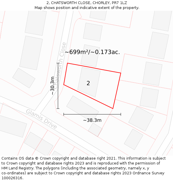 2, CHATSWORTH CLOSE, CHORLEY, PR7 1LZ: Plot and title map
